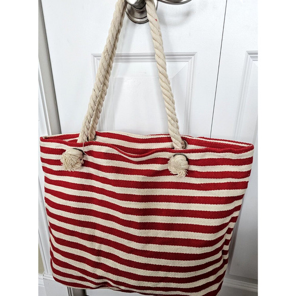 Weekender Beach Red Cream Striped Tote Bag Rope Handle 19in x 14.5in Nautical - Picture 3 of 10